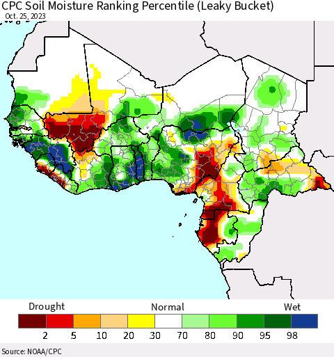 Western Africa CPC Soil Moisture Ranking Percentile (Leaky Bucket) Thematic Map For 10/21/2023 - 10/25/2023