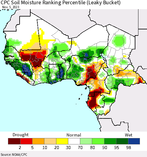 Western Africa CPC Soil Moisture Ranking Percentile (Leaky Bucket) Thematic Map For 11/1/2023 - 11/5/2023