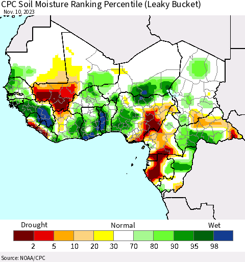 Western Africa CPC Soil Moisture Ranking Percentile (Leaky Bucket) Thematic Map For 11/6/2023 - 11/10/2023
