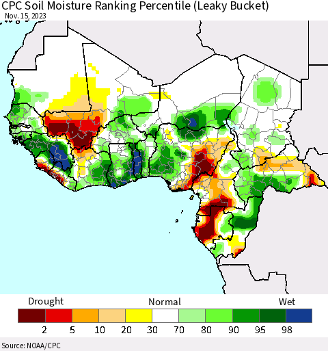 Western Africa CPC Soil Moisture Ranking Percentile (Leaky Bucket) Thematic Map For 11/11/2023 - 11/15/2023