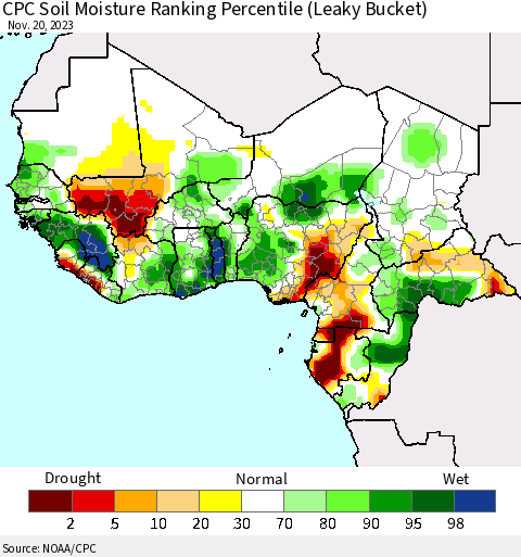 Western Africa CPC Soil Moisture Ranking Percentile (Leaky Bucket) Thematic Map For 11/16/2023 - 11/20/2023