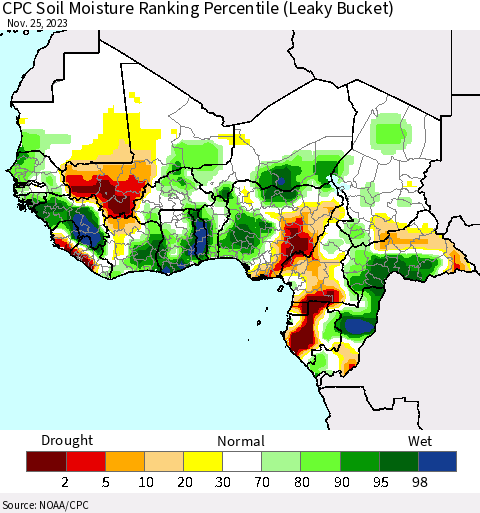 Western Africa CPC Soil Moisture Ranking Percentile (Leaky Bucket) Thematic Map For 11/21/2023 - 11/25/2023