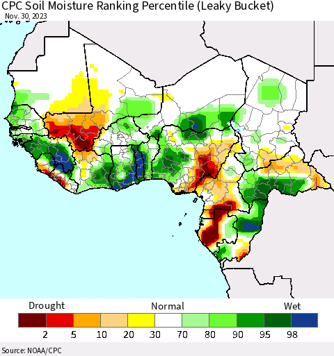 Western Africa CPC Soil Moisture Ranking Percentile (Leaky Bucket) Thematic Map For 11/26/2023 - 11/30/2023
