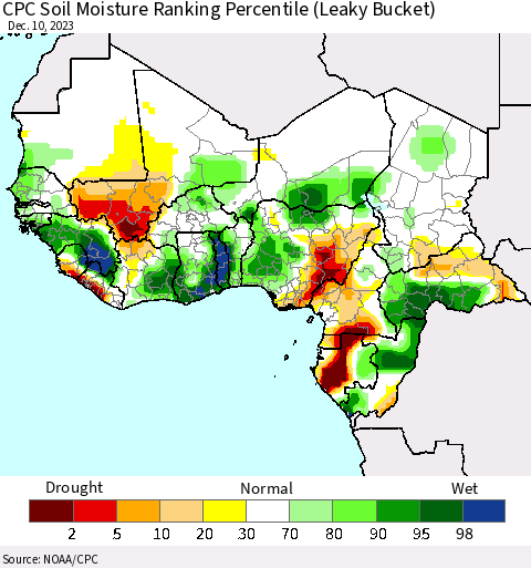 Western Africa CPC Soil Moisture Ranking Percentile (Leaky Bucket) Thematic Map For 12/6/2023 - 12/10/2023