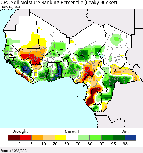 Western Africa CPC Soil Moisture Ranking Percentile (Leaky Bucket) Thematic Map For 12/11/2023 - 12/15/2023