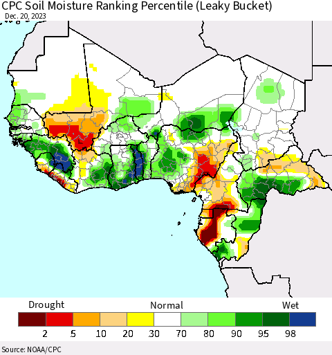 Western Africa CPC Soil Moisture Ranking Percentile (Leaky Bucket) Thematic Map For 12/16/2023 - 12/20/2023