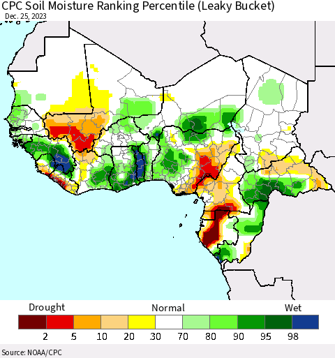 Western Africa CPC Soil Moisture Ranking Percentile (Leaky Bucket) Thematic Map For 12/21/2023 - 12/25/2023