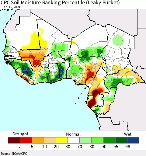 Western Africa CPC Soil Moisture Ranking Percentile (Leaky Bucket) Thematic Map For 1/11/2024 - 1/15/2024