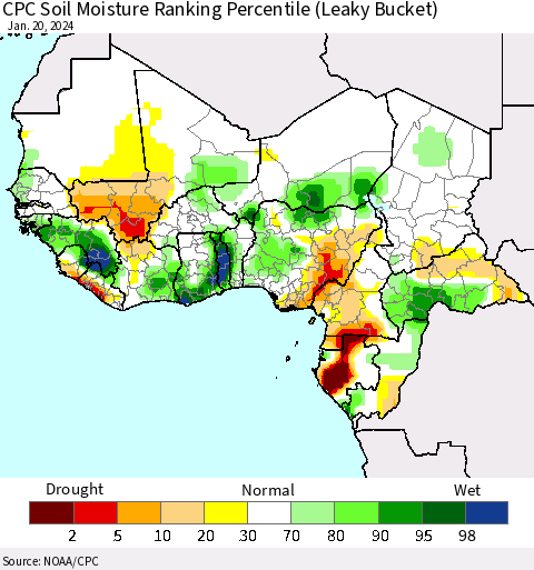 Western Africa CPC Soil Moisture Ranking Percentile (Leaky Bucket) Thematic Map For 1/16/2024 - 1/20/2024