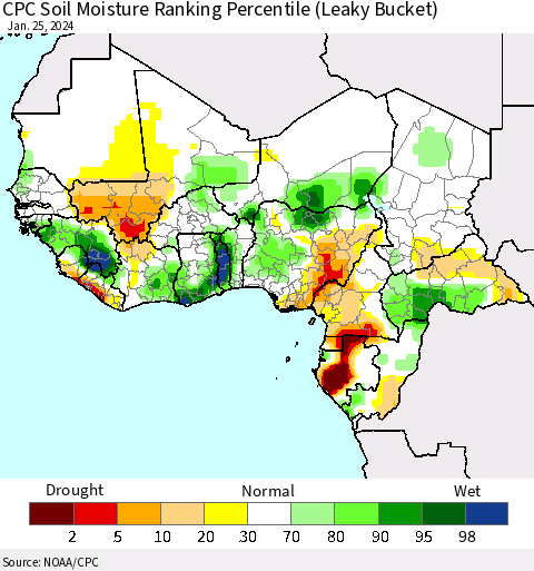 Western Africa CPC Soil Moisture Ranking Percentile (Leaky Bucket) Thematic Map For 1/21/2024 - 1/25/2024