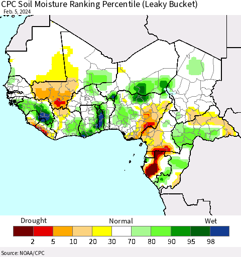 Western Africa CPC Soil Moisture Ranking Percentile (Leaky Bucket) Thematic Map For 2/1/2024 - 2/5/2024