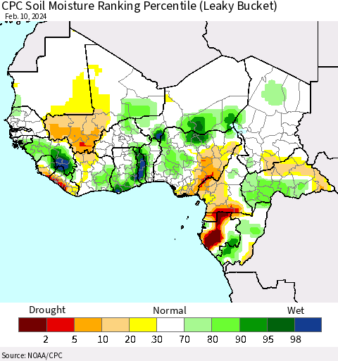 Western Africa CPC Soil Moisture Ranking Percentile (Leaky Bucket) Thematic Map For 2/6/2024 - 2/10/2024