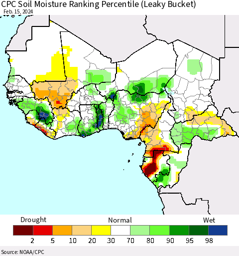 Western Africa CPC Soil Moisture Ranking Percentile (Leaky Bucket) Thematic Map For 2/11/2024 - 2/15/2024