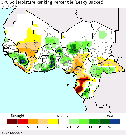 Western Africa CPC Soil Moisture Ranking Percentile (Leaky Bucket) Thematic Map For 2/16/2024 - 2/20/2024