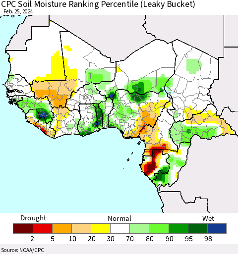 Western Africa CPC Soil Moisture Ranking Percentile (Leaky Bucket) Thematic Map For 2/21/2024 - 2/25/2024