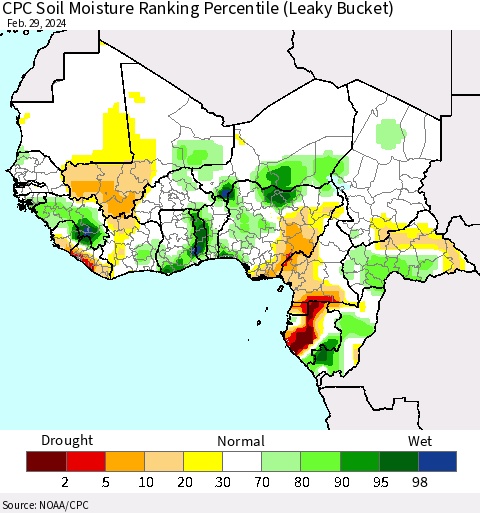 Western Africa CPC Soil Moisture Ranking Percentile (Leaky Bucket) Thematic Map For 2/26/2024 - 2/29/2024