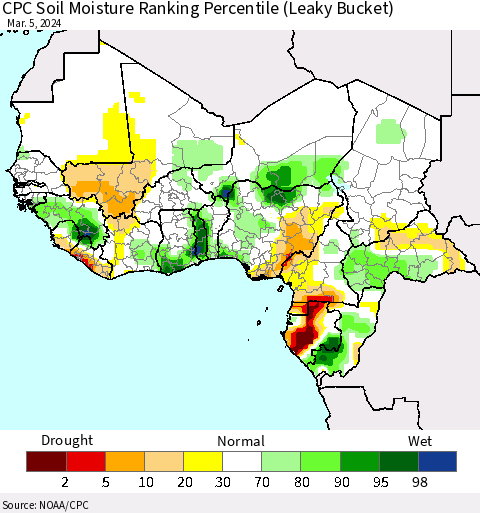 Western Africa CPC Soil Moisture Ranking Percentile (Leaky Bucket) Thematic Map For 3/1/2024 - 3/5/2024