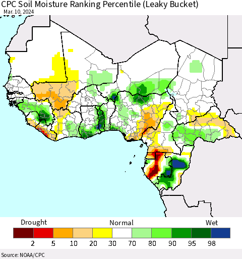 Western Africa CPC Soil Moisture Ranking Percentile (Leaky Bucket) Thematic Map For 3/6/2024 - 3/10/2024