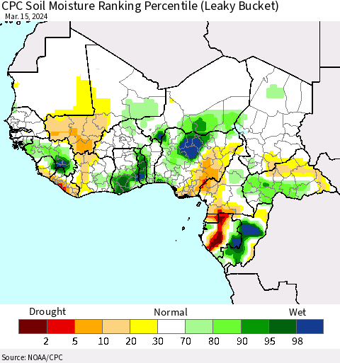 Western Africa CPC Soil Moisture Ranking Percentile (Leaky Bucket) Thematic Map For 3/11/2024 - 3/15/2024