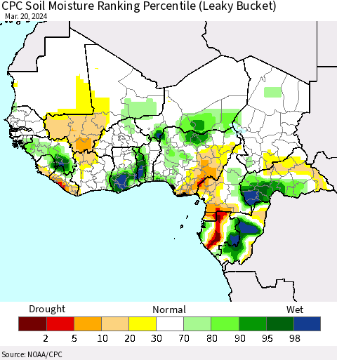 Western Africa CPC Soil Moisture Ranking Percentile (Leaky Bucket) Thematic Map For 3/16/2024 - 3/20/2024