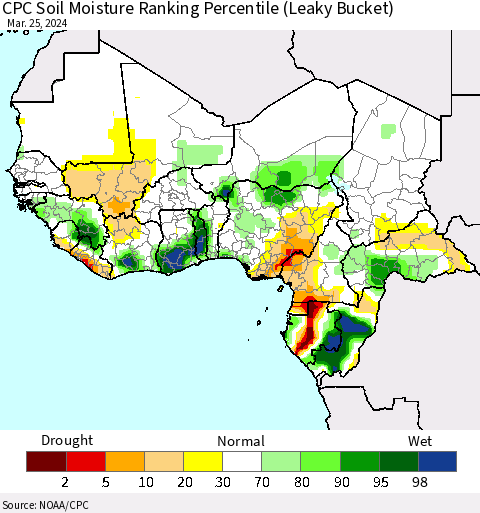 Western Africa CPC Soil Moisture Ranking Percentile (Leaky Bucket) Thematic Map For 3/21/2024 - 3/25/2024
