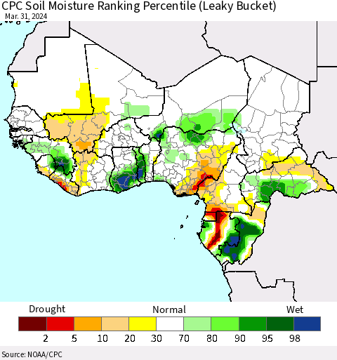 Western Africa CPC Soil Moisture Ranking Percentile (Leaky Bucket) Thematic Map For 3/26/2024 - 3/31/2024