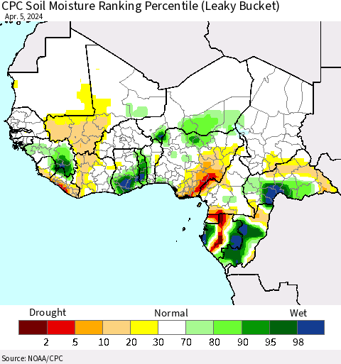 Western Africa CPC Soil Moisture Ranking Percentile (Leaky Bucket) Thematic Map For 4/1/2024 - 4/5/2024