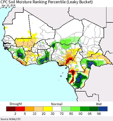 Western Africa CPC Soil Moisture Ranking Percentile (Leaky Bucket) Thematic Map For 4/6/2024 - 4/10/2024