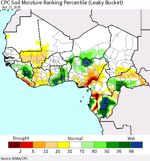 Western Africa CPC Soil Moisture Ranking Percentile (Leaky Bucket) Thematic Map For 4/11/2024 - 4/15/2024