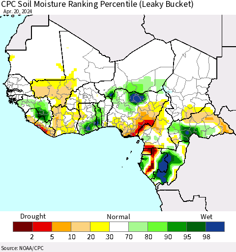Western Africa CPC Soil Moisture Ranking Percentile (Leaky Bucket) Thematic Map For 4/16/2024 - 4/20/2024