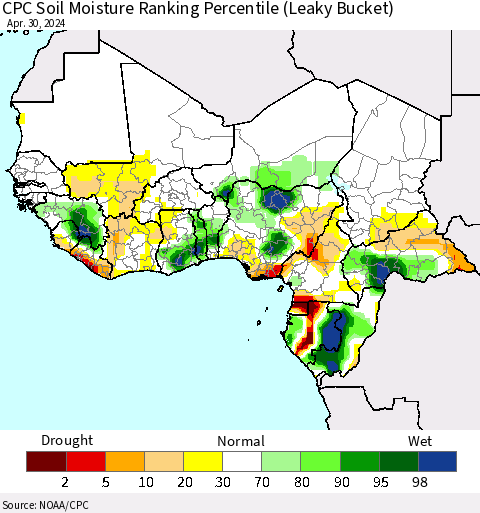 Western Africa CPC Soil Moisture Ranking Percentile (Leaky Bucket) Thematic Map For 4/26/2024 - 4/30/2024