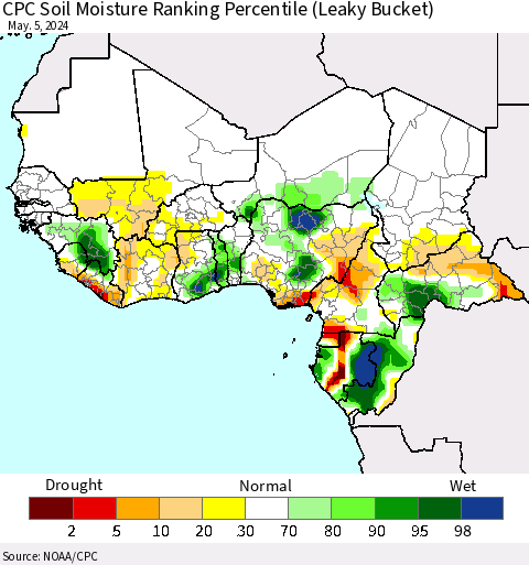 Western Africa CPC Soil Moisture Ranking Percentile (Leaky Bucket) Thematic Map For 5/1/2024 - 5/5/2024