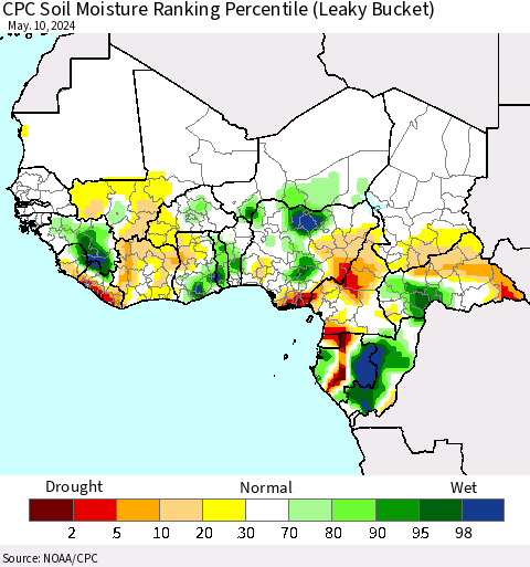 Western Africa CPC Soil Moisture Ranking Percentile (Leaky Bucket) Thematic Map For 5/6/2024 - 5/10/2024