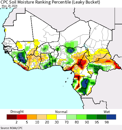 Western Africa CPC Soil Moisture Ranking Percentile (Leaky Bucket) Thematic Map For 5/16/2024 - 5/20/2024