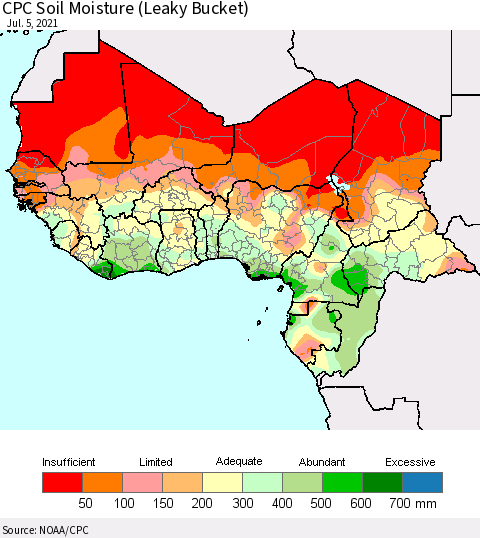 Western Africa CPC Soil Moisture (Leaky Bucket) Thematic Map For 7/1/2021 - 7/5/2021