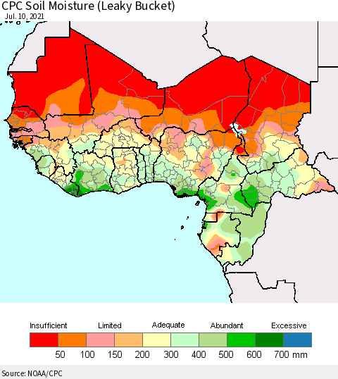 Western Africa CPC Soil Moisture (Leaky Bucket) Thematic Map For 7/6/2021 - 7/10/2021