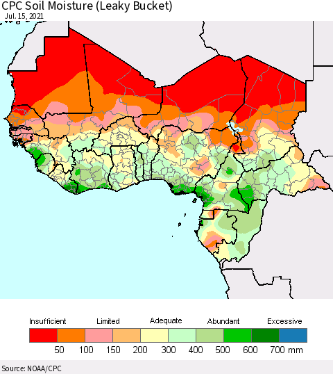 Western Africa CPC Soil Moisture (Leaky Bucket) Thematic Map For 7/11/2021 - 7/15/2021