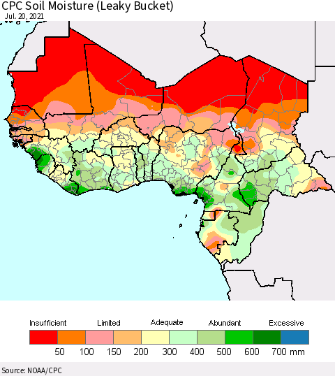 Western Africa CPC Soil Moisture (Leaky Bucket) Thematic Map For 7/16/2021 - 7/20/2021