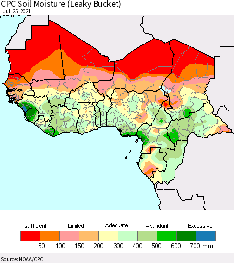 Western Africa CPC Soil Moisture (Leaky Bucket) Thematic Map For 7/21/2021 - 7/25/2021