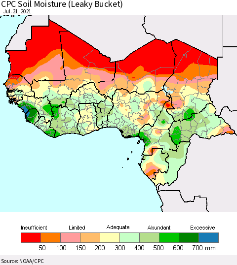 Western Africa CPC Soil Moisture (Leaky Bucket) Thematic Map For 7/26/2021 - 7/31/2021
