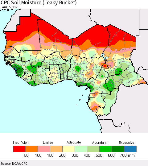 Western Africa CPC Soil Moisture (Leaky Bucket) Thematic Map For 8/1/2021 - 8/5/2021