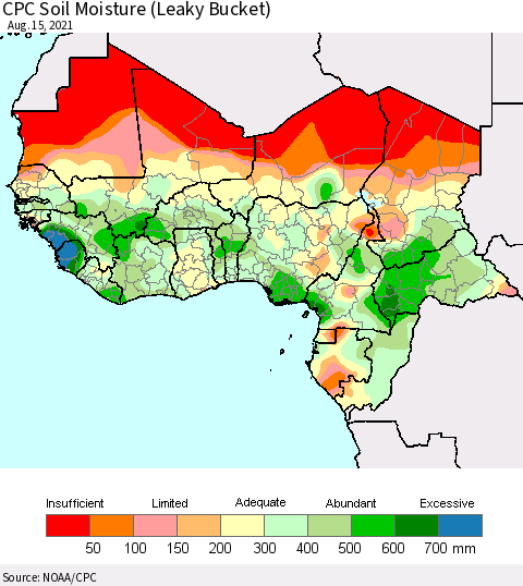 Western Africa CPC Soil Moisture (Leaky Bucket) Thematic Map For 8/11/2021 - 8/15/2021