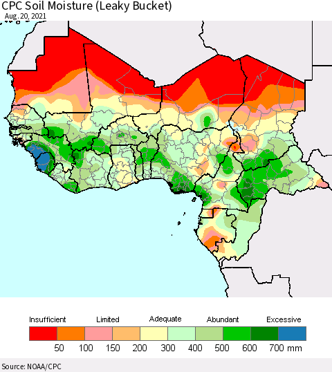 Western Africa CPC Soil Moisture (Leaky Bucket) Thematic Map For 8/16/2021 - 8/20/2021
