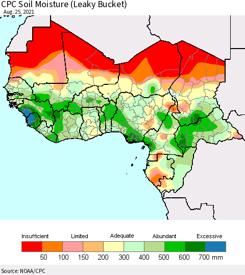 Western Africa CPC Soil Moisture (Leaky Bucket) Thematic Map For 8/21/2021 - 8/25/2021