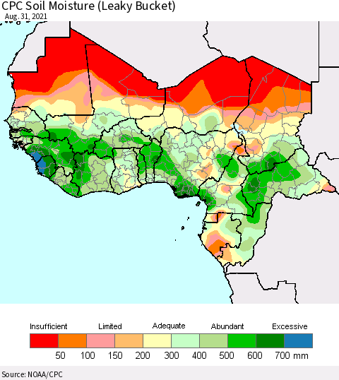 Western Africa CPC Soil Moisture (Leaky Bucket) Thematic Map For 8/26/2021 - 8/31/2021
