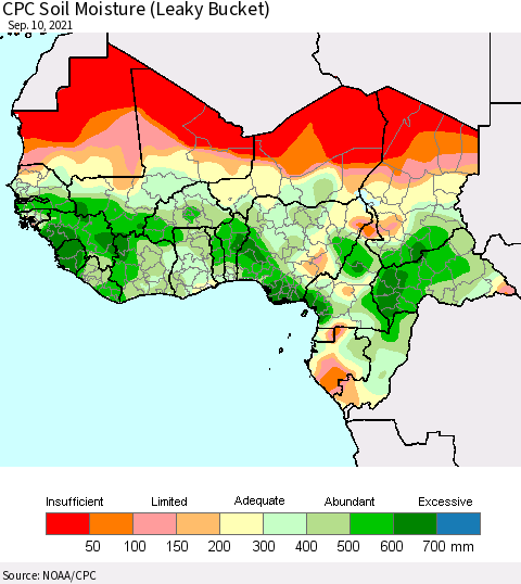Western Africa CPC Soil Moisture (Leaky Bucket) Thematic Map For 9/6/2021 - 9/10/2021