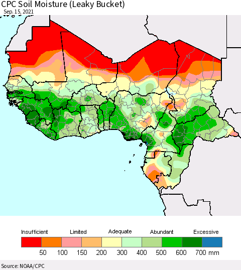Western Africa CPC Soil Moisture (Leaky Bucket) Thematic Map For 9/11/2021 - 9/15/2021
