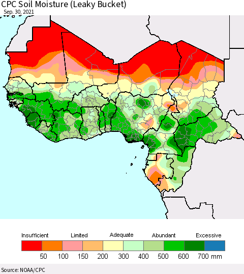 Western Africa CPC Soil Moisture (Leaky Bucket) Thematic Map For 9/26/2021 - 9/30/2021