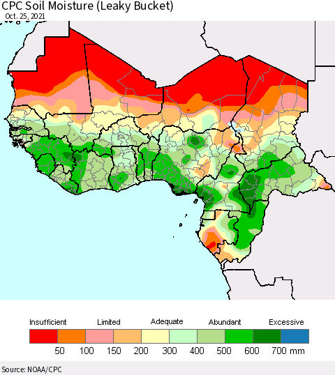 Western Africa CPC Soil Moisture (Leaky Bucket) Thematic Map For 10/21/2021 - 10/25/2021
