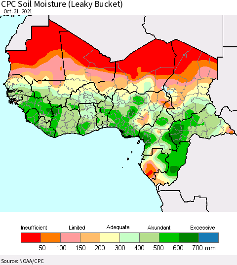Western Africa CPC Soil Moisture (Leaky Bucket) Thematic Map For 10/26/2021 - 10/31/2021